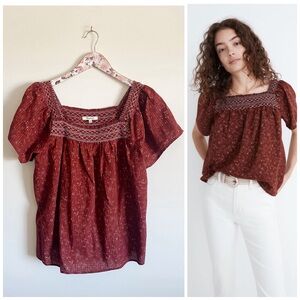 MADEWELL Square-Neck Smocked Top in Dotted Vines Blouse NE189 Top Medium Brown
